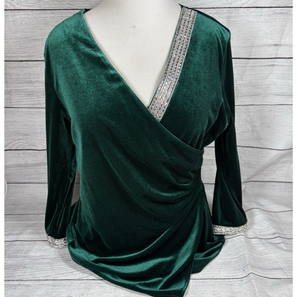 Prelude Rhinestone Trim Velvet Surplice Top Emerald Green XL Faux Wrap Holiday